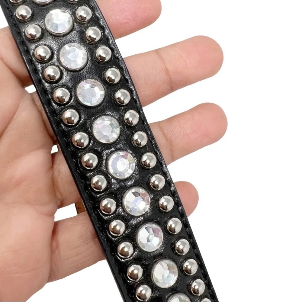 3D Leather Rhinestone Studded Belt Black Size 26 - Picture 4 of 6